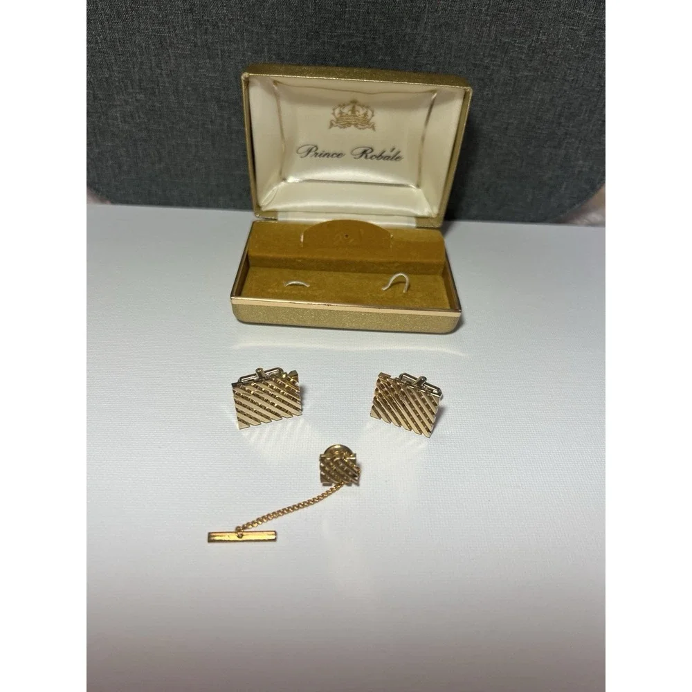 Men's‎ Vintage New In Box Prince Robale Timeless Gold Tone Cuff Links & Tie Pin